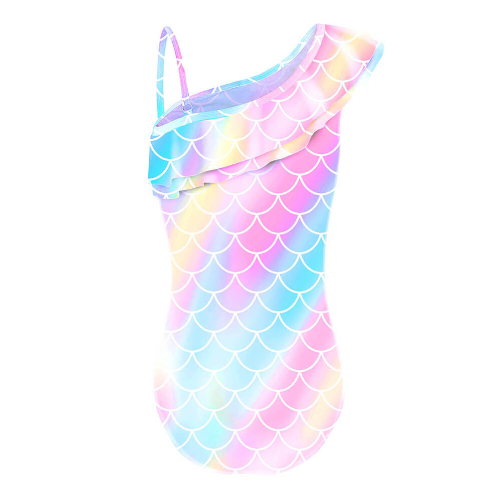 Girls Rainbow Mermaid Prints Ruffle One Shoulder One Piece Swimsuit