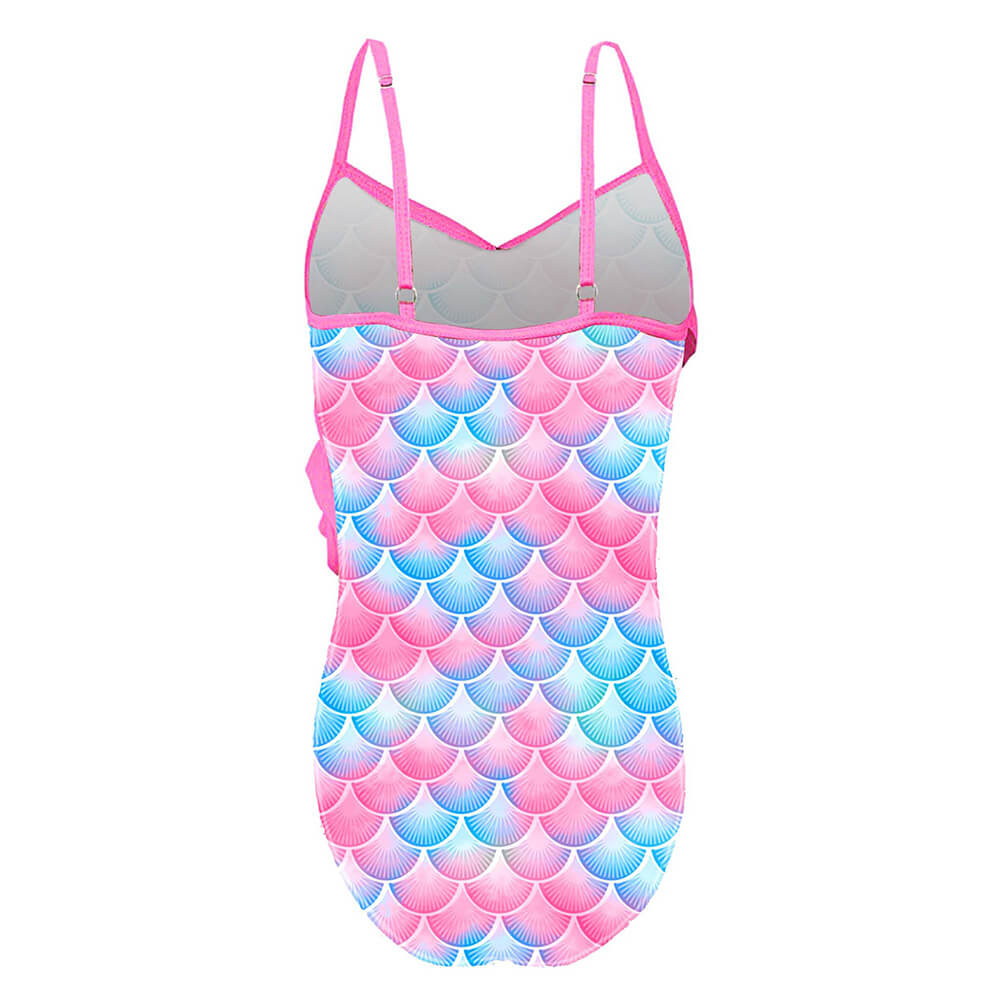 Little Girls Pink Mermaid Prints Layered Ruffle One Piece Swimsuit