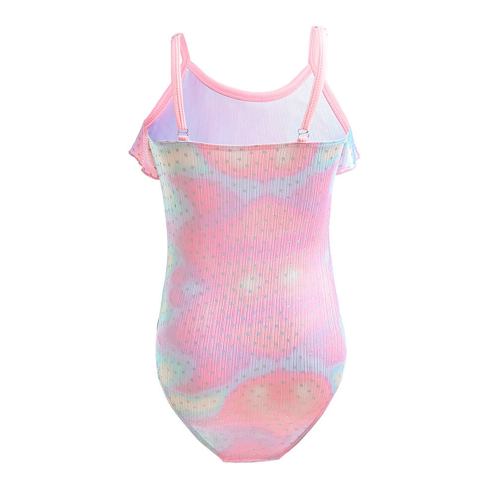 Girls Colorful Smudge Stars Print Ruffle Flounced One Piece Swimsuit