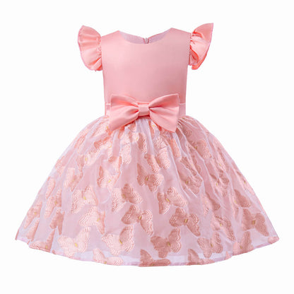 Little Girls Butterfly Embroidery Bow Waist Princess Party Dress