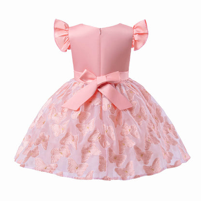 Little Girls Butterfly Embroidery Bow Waist Princess Party Dress