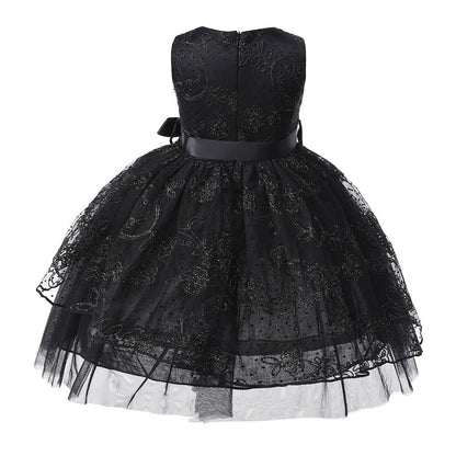 Little Girls Gold Flower Embroidery Bow Waist Birthday Black Dress