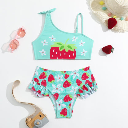 Little Girls Bowknot Shoulder Ruffle Strawberry Two Piece Swimsuit