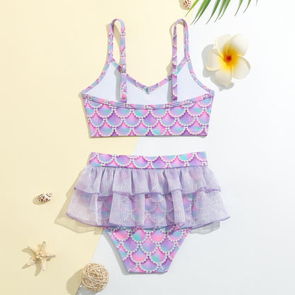 Little Girls Mermaid Scale Layered Tulle Tankini Two Piece Swimsuit