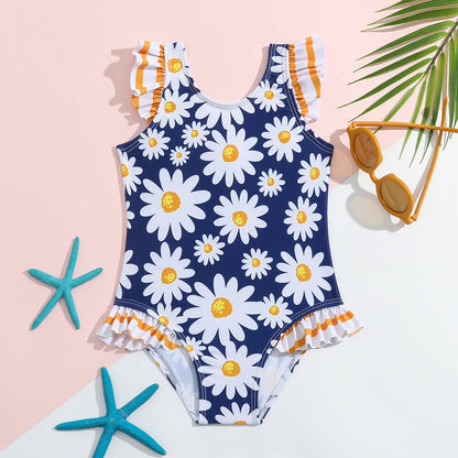 Little Girls Ruffle Trim Daisy Print One Piece Swimsuit