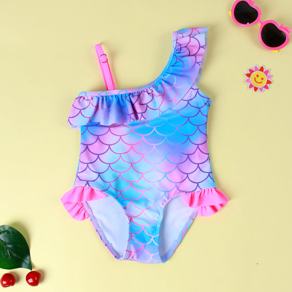 Little Girls Ruffle Trim Mermaid Fish Scale Print One Piece Swimsuit