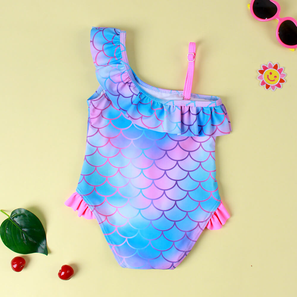 Little Girls Ruffle Trim Mermaid Fish Scale Print One Piece Swimsuit