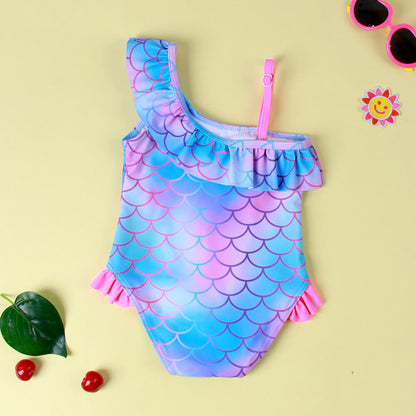 Little Girls Ruffle Trim Mermaid Fish Scale Print One Piece Swimsuit