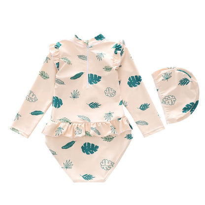 Little Girls Leaves Print Ruffle Detail Long Sleeve Rashguard Swimsuit