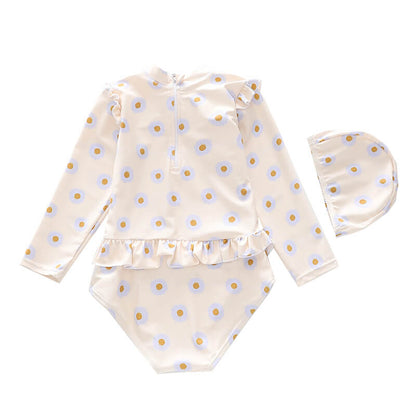 Little Girls Daisy Floral Print Long Sleeve Ruffle Rashguard Swimsuit