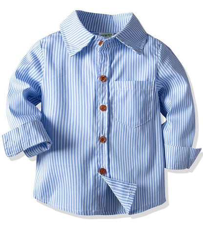 Blue Stripe Cotton Shirt With Red Bow Tie Suspender Pants Boys Outfit - FADCOCO