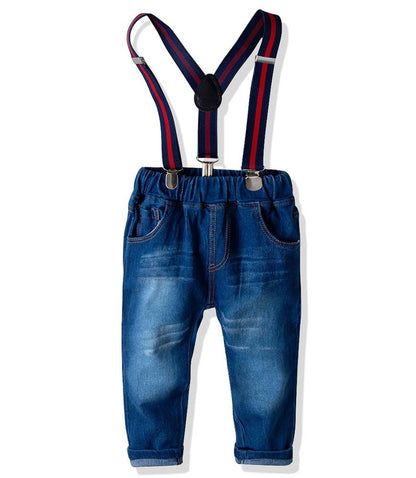 Pink Bow Tie Cotton Shirt And Suspender Jeans Boys Outfit Set
