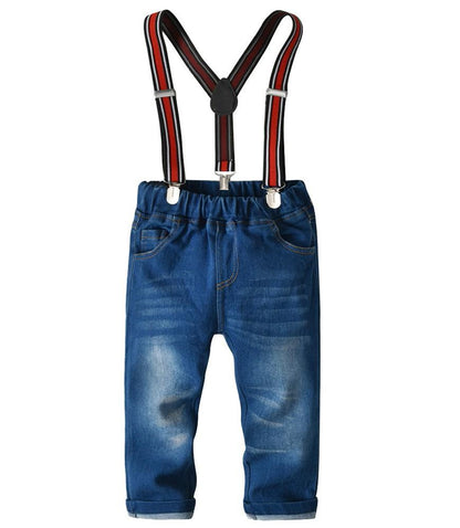Dark Red Cotton Shirt With Bow Tie And Suspender Jeans Boys Outfit Set