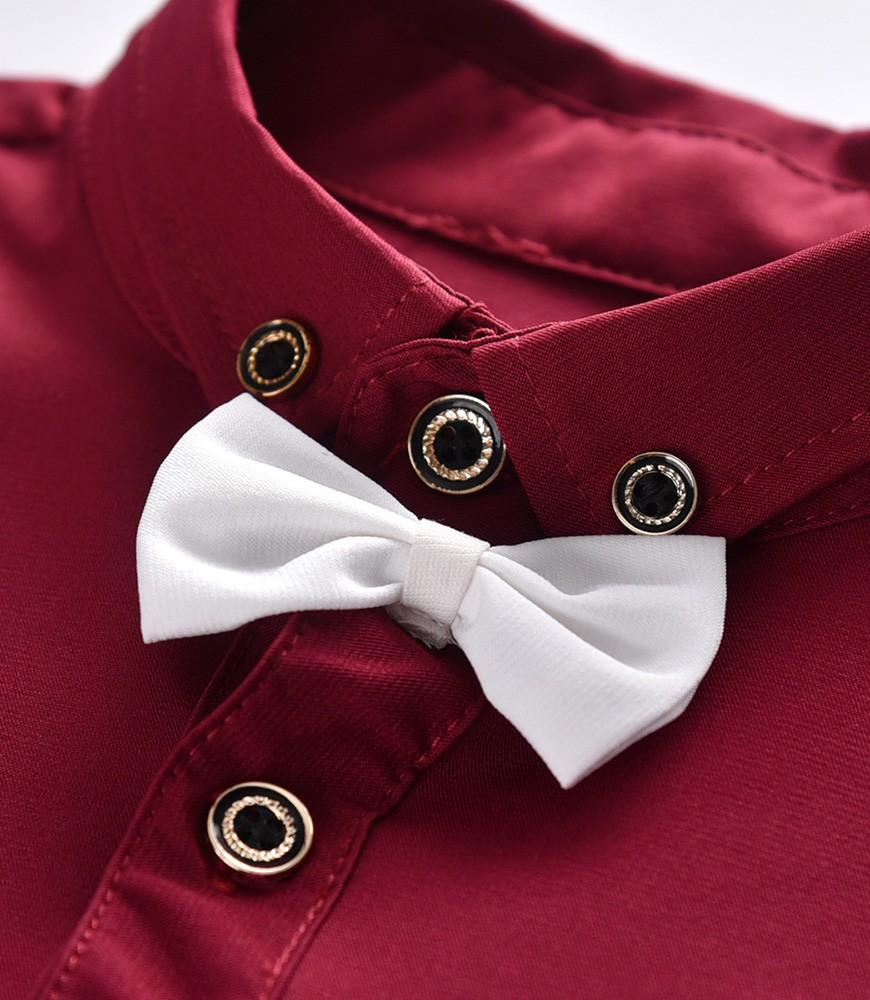Dark Red Cotton Shirt With Bow Tie And Suspender Jeans Boys Outfit Set