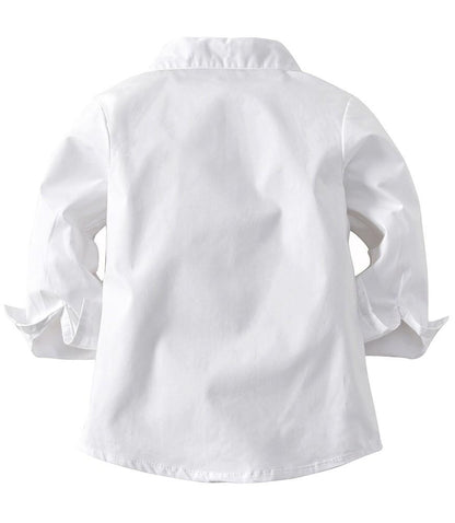 Boys White Bow-Tie Cotton Shirt And Khaki Suspender Pants Outfit Set