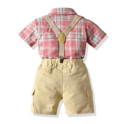 Checked Short Sleeve Shirt Bowtie Shorts Summer Baby Little Boys Suits - FADCOCO