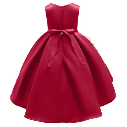 Red Applique Flower Girls Sleeveless Bowknot Birthday Party Gown Dress