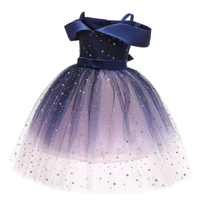 Girls Dark Blue Off The Shoulder Sequin Tulle Formal Gowns Party Dress