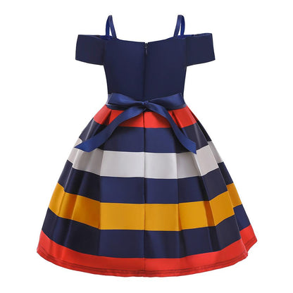 Girls Striped Off The Shoulder Bardot Formal Party Birthday Dress