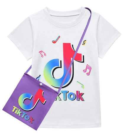 Girls Tik Tok Print T Shirt Skirt Suits Costume With Bag