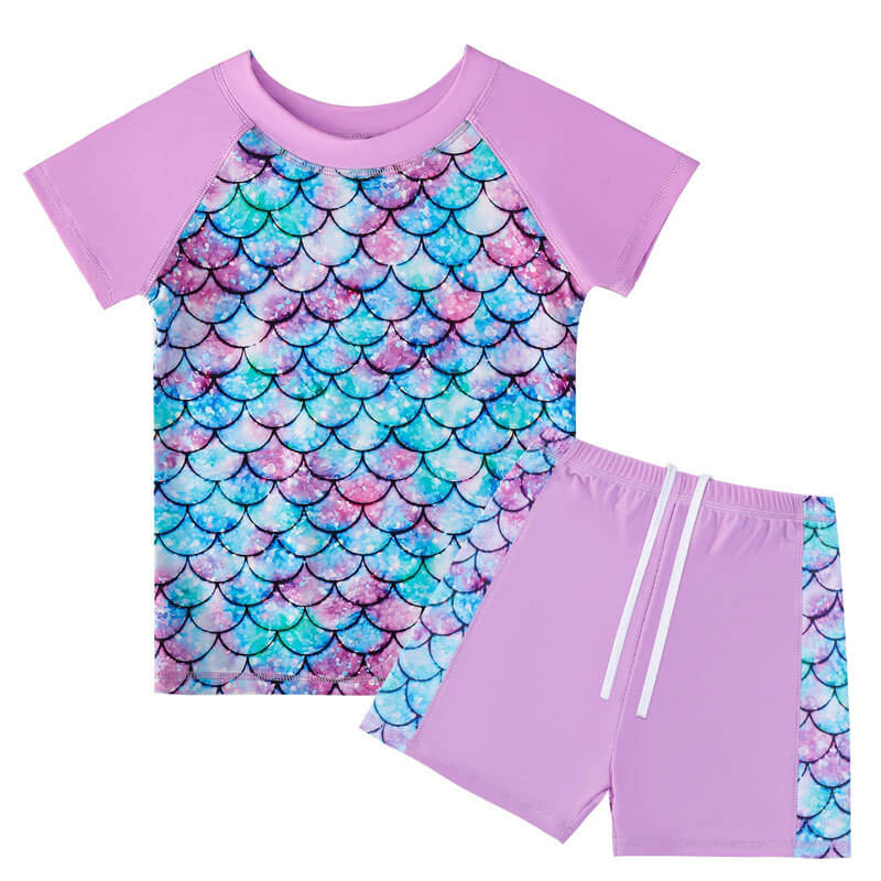 Girls Mermaid Print Short Sleeve Rashguard Boyshort 2-Piece Swimsuit