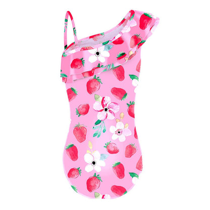 Girls Pink Strawberry Prints Ruffle One Shoulder One Piece Swimsuit