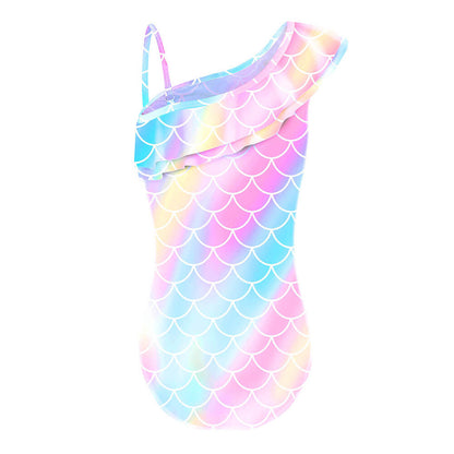 Girls Rainbow Mermaid Prints Ruffle One Shoulder One Piece Swimsuit