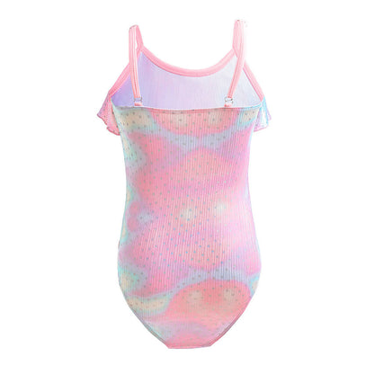 Girls Colorful Smudge Stars Print Ruffle Flounced One Piece Swimsuit